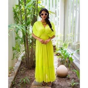 Sohana Neon Lime Green Maxi Dress Sz Large Side Zipper Lined V Neck Micro Pleats